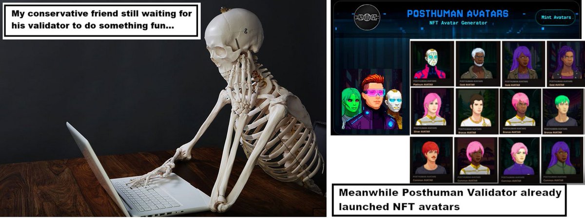 Dmitriy777D777's tweet image. When your conservative friend still waits for staking rewards ☠️
Meanwhile Posthuman Validator already launched NFT avatars 🎭🤖🚀

🌐@POSTHUMAN_DVS 
#Validator #NFT #Web3 #Cosmos
