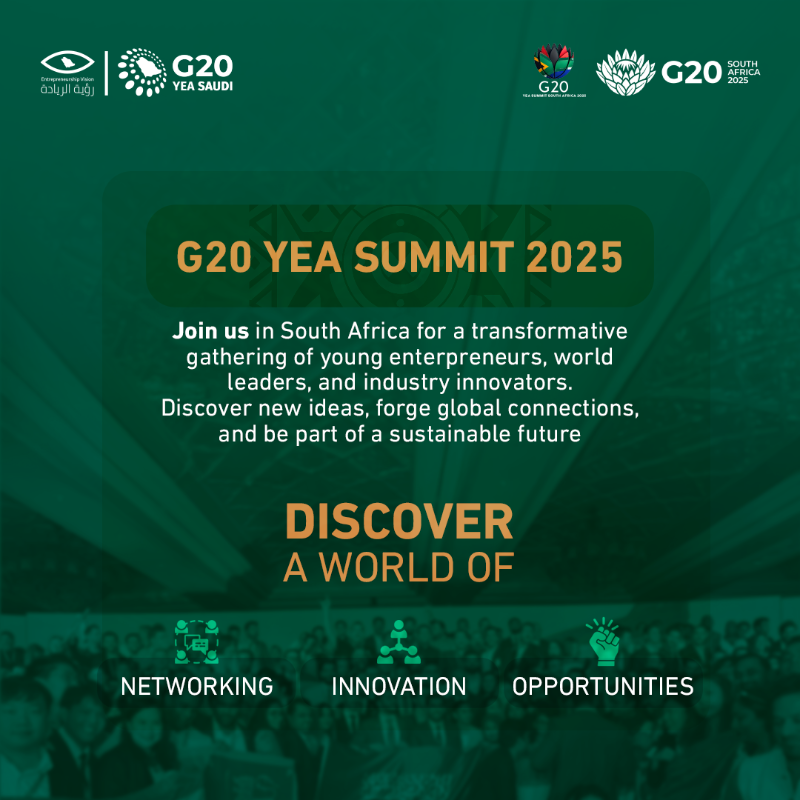 evision_sa's tweet photo. G20 YEA Summit 2025 in South Africa 🇿🇦 is more than just a global gathering.
It’s a powerful platform that empowers entrepreneurs through innovation, networking, opportunities, and collaboration across 25+ countries.
#رؤية_الريادة #G20YEA2025 #evision