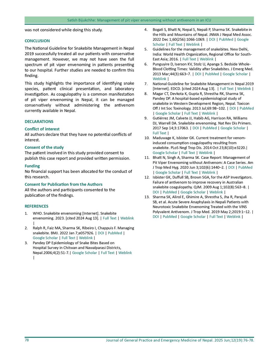 “Successful Management of Pit Viper Envenoming without Anti venom” A challenging case managed in the ICU of a peripheral district hospital in Nepal’s Inner Terai—highlighting resource-limited critical care success.
via 
📄 Read here: jgpemn.org.np/jgpemn/index.p…