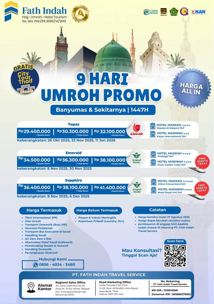 Bismillah umroh bareng yuk
Mudah, Murah, Nyaman dan pelayanan prima
Insya alloh amanah berangkat sampai pulang dibimbing oleh pembimbing dan muthowif yang kompeten

#umroh #umrohpurwokerto #purwokertohits #umrohmurah #fathindahumroh