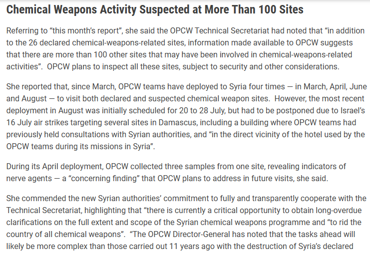 #Syria: 12 years after the deal to destroy Syria's chemical weapons - brokered by Putin to avoid US airstrikes following the E. #Ghouta sarin attack - Assad's chemical program is far from having revealed all its secrets.

At that time, 26 sites were officially declared, but the