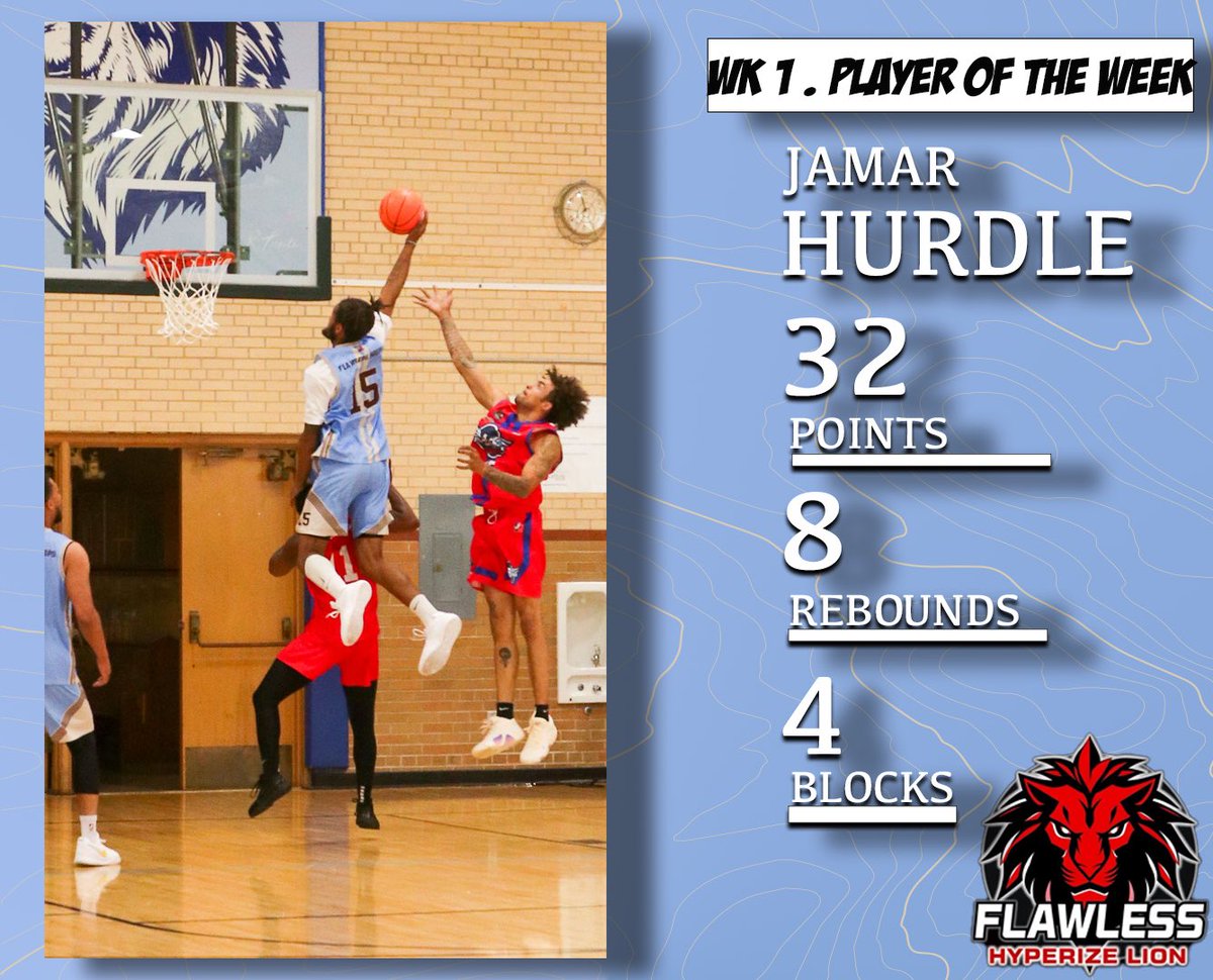 Wk 1 Player of the Week demonstrated exceptional skill &amp; dominance. Scoring 32 pts on 65% shooting, grabbing 8 reb, and delivering thrilling dunks, Jamar Hurdle's impressive performance extended to the defensive end with 4 bs and 2 stls. Congratulations to Jamar!
#FlawlessHoops