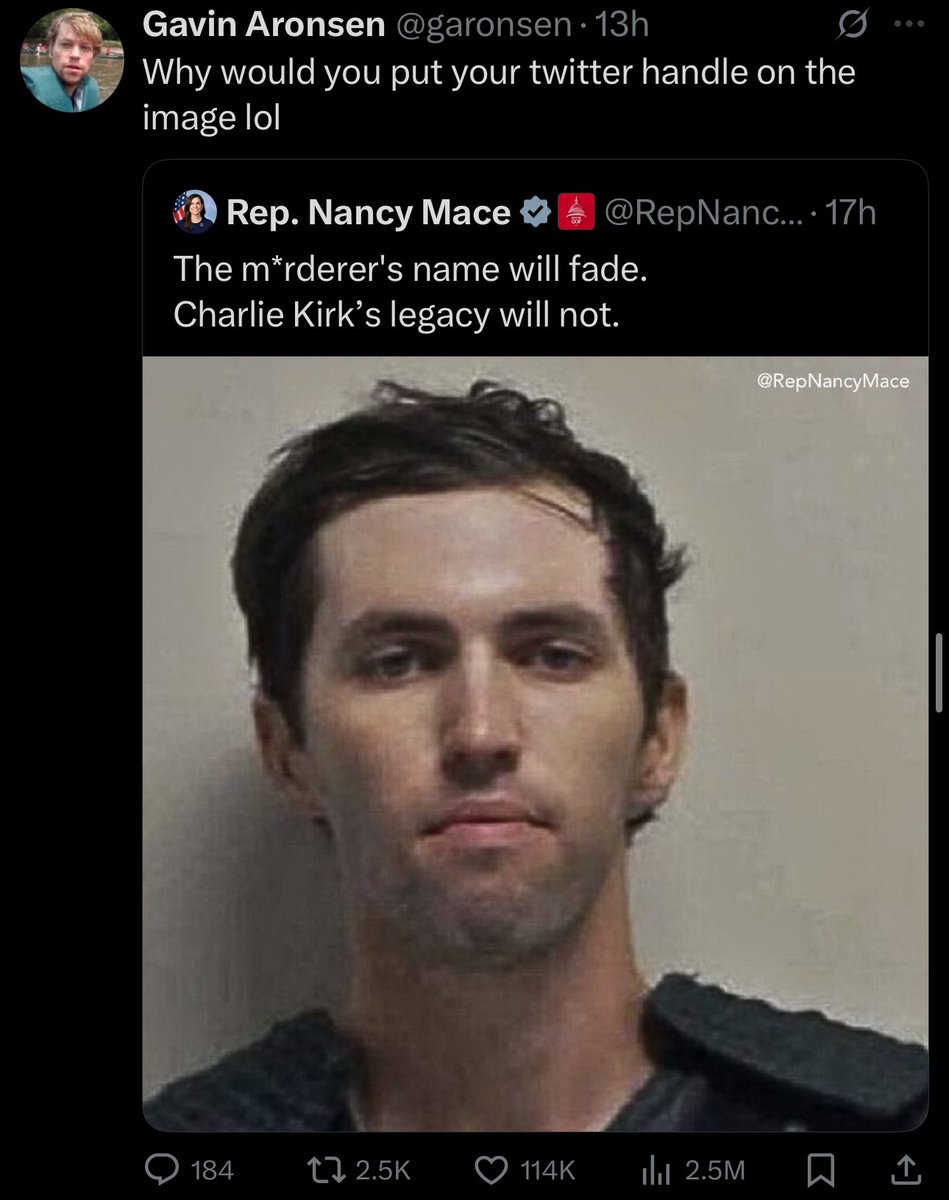 Awk20000's tweet photo. Nancy Mace is going viral for watermarking Tyler Robinson’s mugshot https://t.co/sWu2ybwo5W