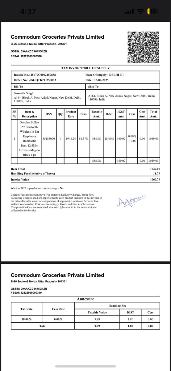 Smileshubham1's tweet photo. I bought a OnePlus neckband on 13 Jul ’25 (Order ID: JGGQTKPO35008A). After 1.5 months, it started having call drops &amp; connection issues. OnePlus service centre refused service saying Zepto isn’t an authorised seller. PFA of slip &amp; Zepto invoice
@ZeptoNow @zeptocares https://t.co/aPIQ5KSs7c