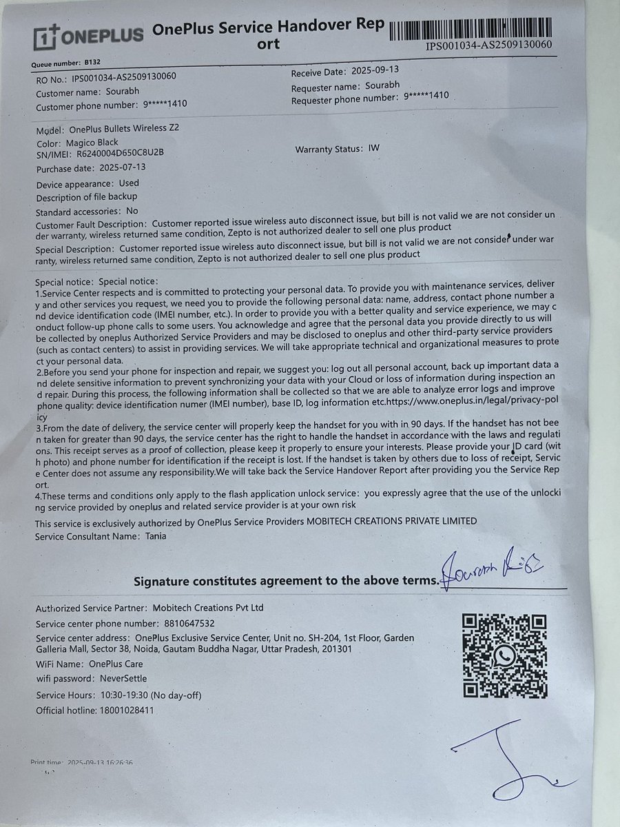 Smileshubham1's tweet photo. I bought a OnePlus neckband on 13 Jul ’25 (Order ID: JGGQTKPO35008A). After 1.5 months, it started having call drops &amp; connection issues. OnePlus service centre refused service saying Zepto isn’t an authorised seller. PFA of slip &amp; Zepto invoice
@ZeptoNow @zeptocares https://t.co/aPIQ5KSs7c