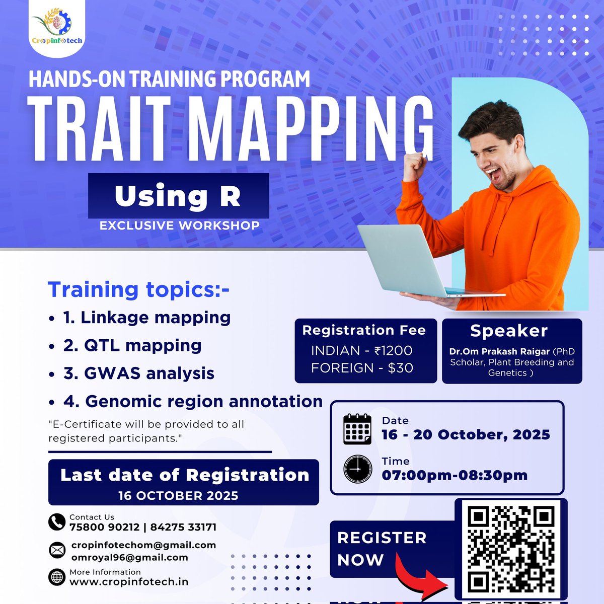 Calling all plant scientists and bioinformaticians! Master Trait Mapping with R in our 5-day workshop (Oct 16-20). Perfect for PhD scholars and researchers.

Register now: cropinfotech.in
Last date: Oct 16, 2025

#PlantScience #AcademicTwitter #PhDLife