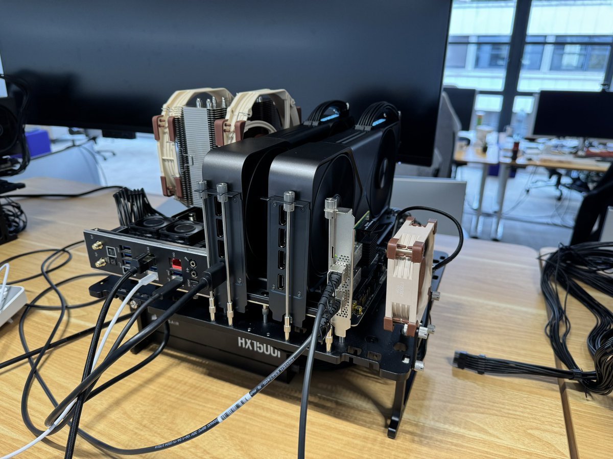 steeve's tweet image. We upgraded our workbenches machines to ThreadRippers because we needed more PCI lanes to the NIC.
If you come to see my talk @aiDotEngineer on Sep 24th, you might get why