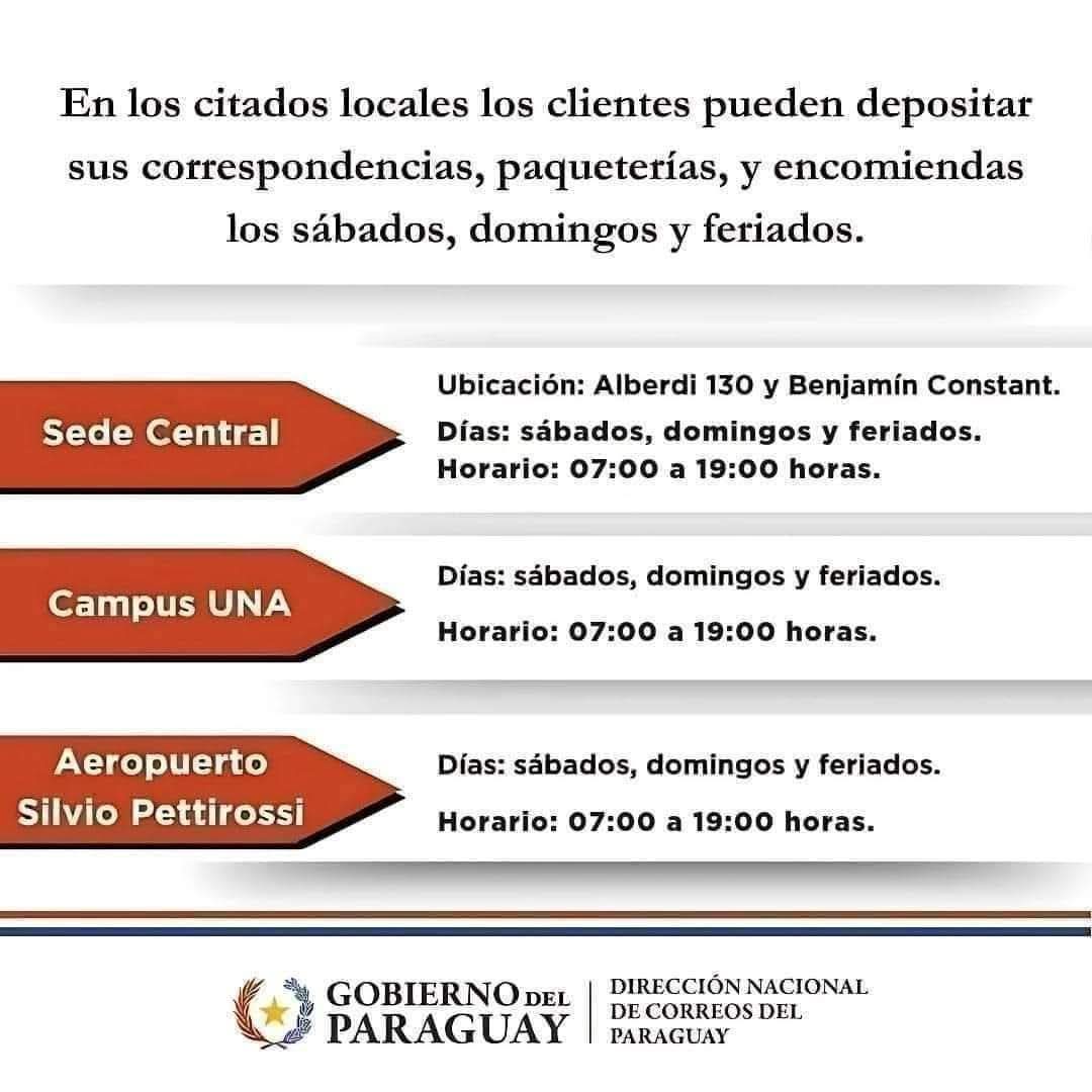 📦 El Correo Paraguayo está comprometido con sus usuarios y es por eso que tiene habilitado 3 locales para la admisión de correspondencias, paqueterías y encomiendas los sábados, domingos, asuetos y feriados.

#CorreoParaguayo 🇵🇾
#GobiernoDelParaguay 🇵🇾