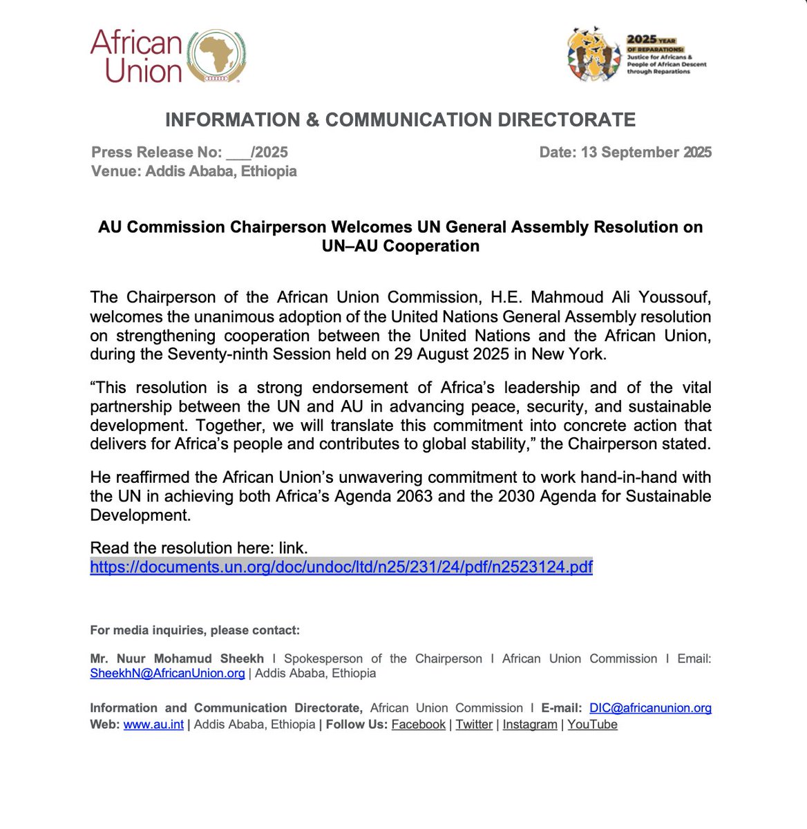 AU Commission Chairperson Welcomes UN General Assembly Resolution on UN–AU Cooperation.

The Chairperson of the African Union Commission, H.E. Mahmoud Ali Youssouf <a href="/ymahmoudali/">Mahmoud Ali youssouf</a>, welcomes the unanimous adoption of the United Nations General Assembly resolution on strengthening