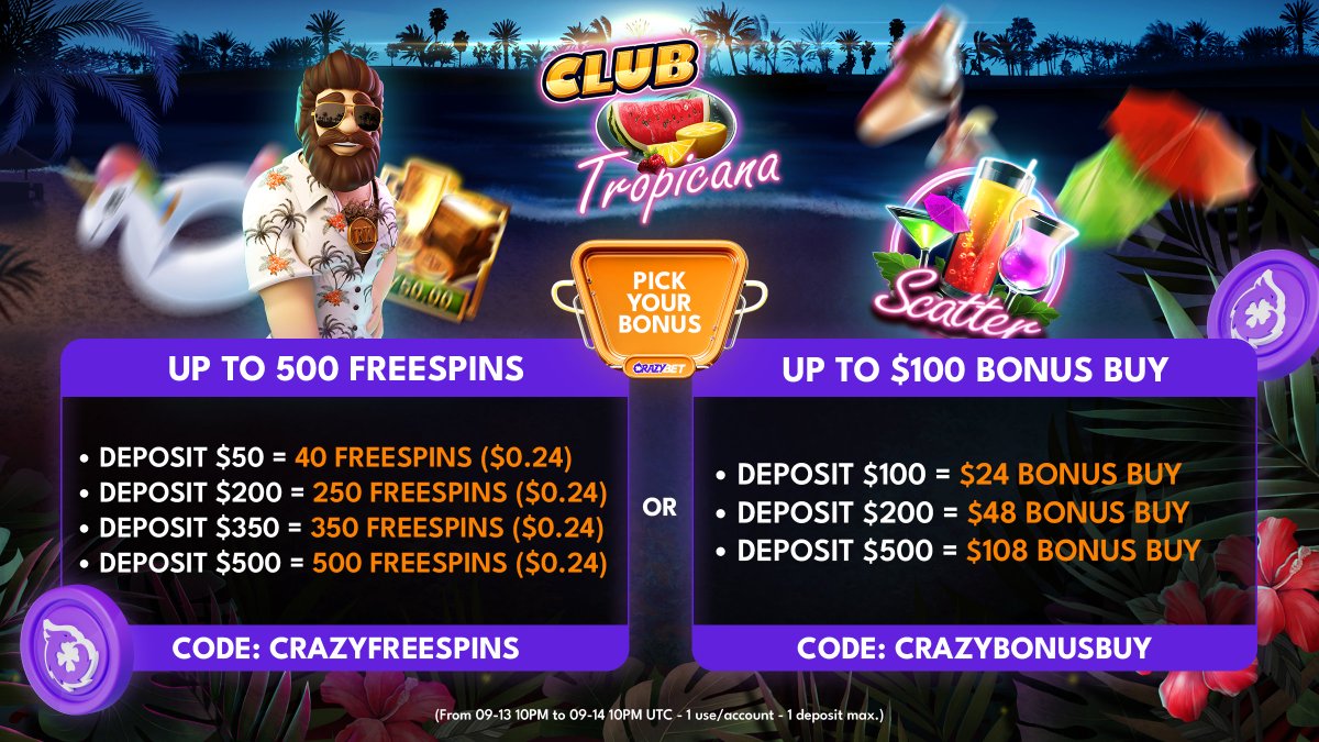 crazybet's tweet image. 🍹💥 WEEKEND PLAYER PICK IS LIVE 💥🍹

Here is your chance to win 50 no deposit Free Spins!

✅ Comment your CrazyBet username, Like &amp;amp; Repost - tag a friend! 

This weekend’s game: Club Tropicana 🌴 @PragmaticPlay 

🎁 Choose your reward path:
👉 Up to 500 Free Spins
👉 Or up to