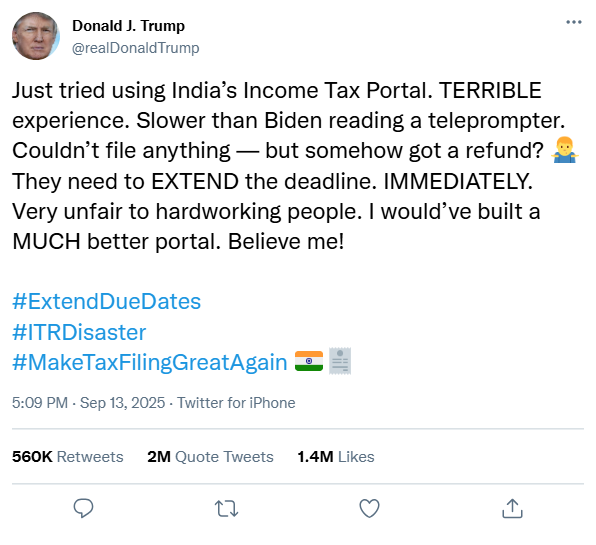 _YogeshGupta's tweet photo. ab to @realDonaldTrump @POTUS ne bhi tweet kar diya. @IncomeTaxIndia walo ab to maan jaao.

#Date_Extended 
#Extend_Due_Date_Immediately #Extension_हक़_है_भीख_नहीं 
@FinMinIndia @nsitharaman @narendramodi @CAclubindia @IncomeTaxParody https://t.co/pNc8oj1vl9
