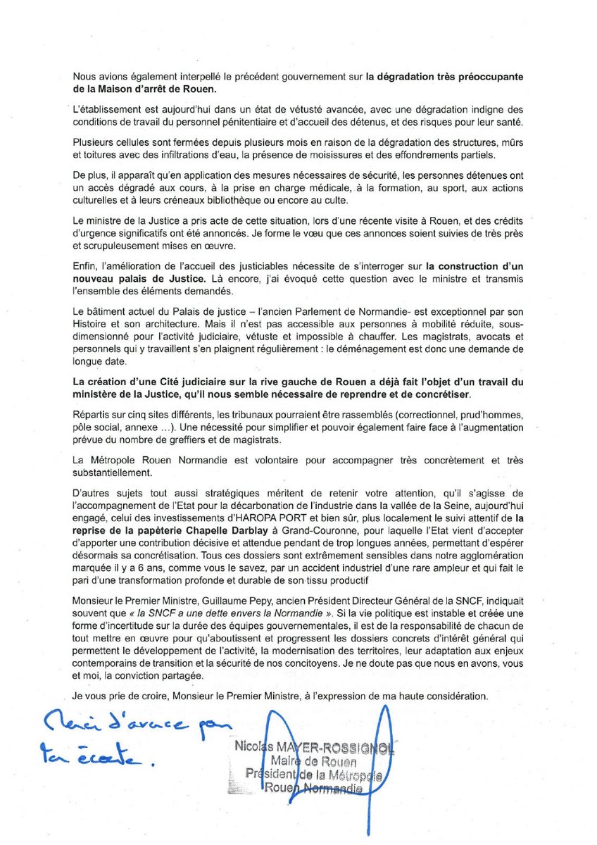 Le nouveau Premier ministre connaît bien la Normandie et la vallée de Seine. Train (LNPN, gare à <a href="/Rouen/">Ville de Rouen</a>, RER métropolitain…), manque d’effectifs de police nationale sur la <a href="/MetropoleRouenN/">Métropole Rouen Normandie</a>, insalubrité de la prison, Chapelle Darblay, Palais de justice… J’interpelle <a href="/SebLecornu/">Sébastien Lecornu</a>.