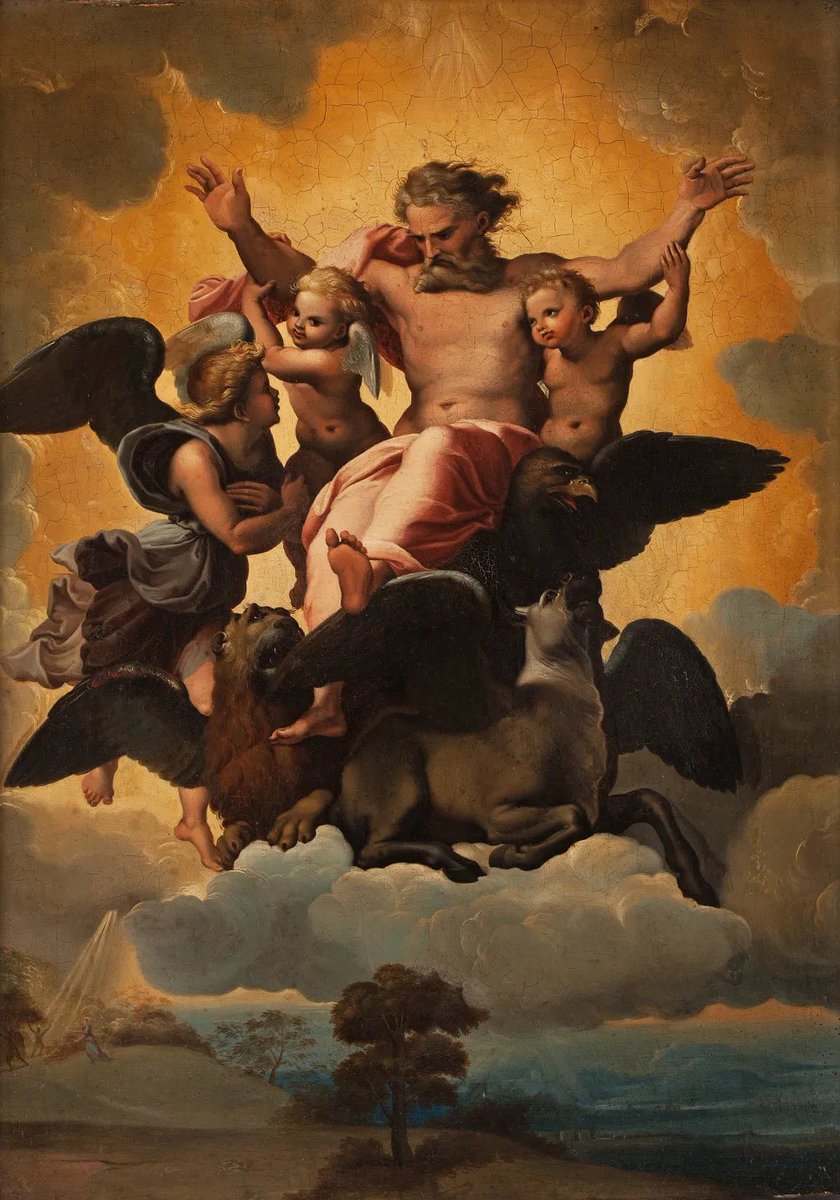 Los hijos tienen dura cerviz y corazón obstinado; a ellos te envío para decirles: Esto dice el Señor Yahvé (Ez 2:4).

La visión de Ezequiel (Visione di Ezechiele), Rafael Sanzio. 
Óleo sobre tabla (1518).