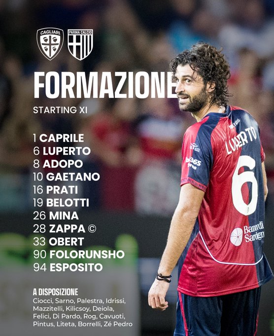 A man wearing a red and blue Cagliari Calcio jersey with the number 6 and name "Luperto" on the back, standing on a soccer field. The jersey features the Barilla logo. Text lists the starting XI lineup including Caprile, Luperto, Augello, Gaetano, Prati, Belotti, Mina, Zappa, Obert, Fazzini, and Fazzini, with additional players listed as available substitutes.