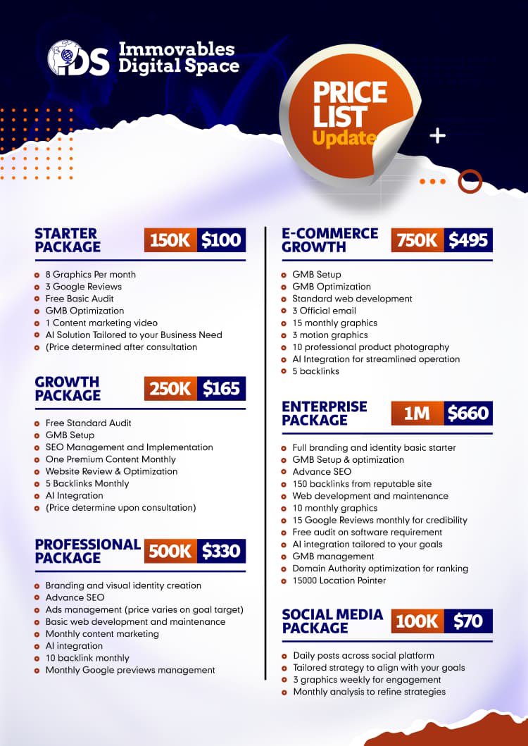 immovablestech's tweet photo. Grow your business with Immovables Digital Space  From social media to SEO, branding &amp; e-commerce, we’ve got the right package for every stage of your journey! 
#immovablestech #digitalmarketing #digitalpackage #Abeokuta #OgunState https://t.co/eCanrXetby