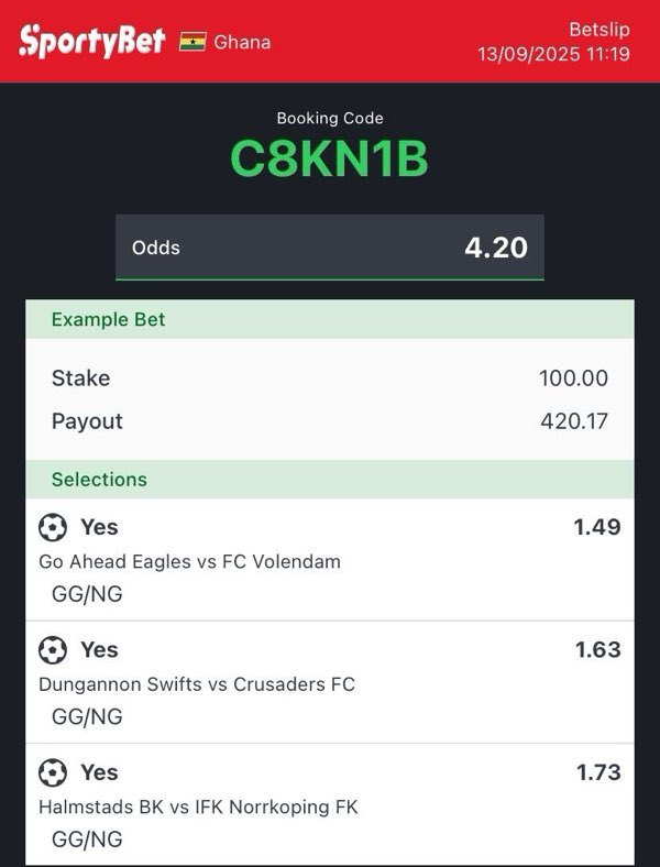 Booking Code: C8KN1B 🎯
Stake: 100 ➝ Potential 💰420+

🔥 3 Selections – All (Both Teams To Score)
⚽ Go Ahead Eagles vs Volendam
⚽ Dungannon Swifts vs Crusaders
⚽ Halmstads BK vs Norrkoping

This slip is looking like STRAIGHT PROFIT 🤑💥