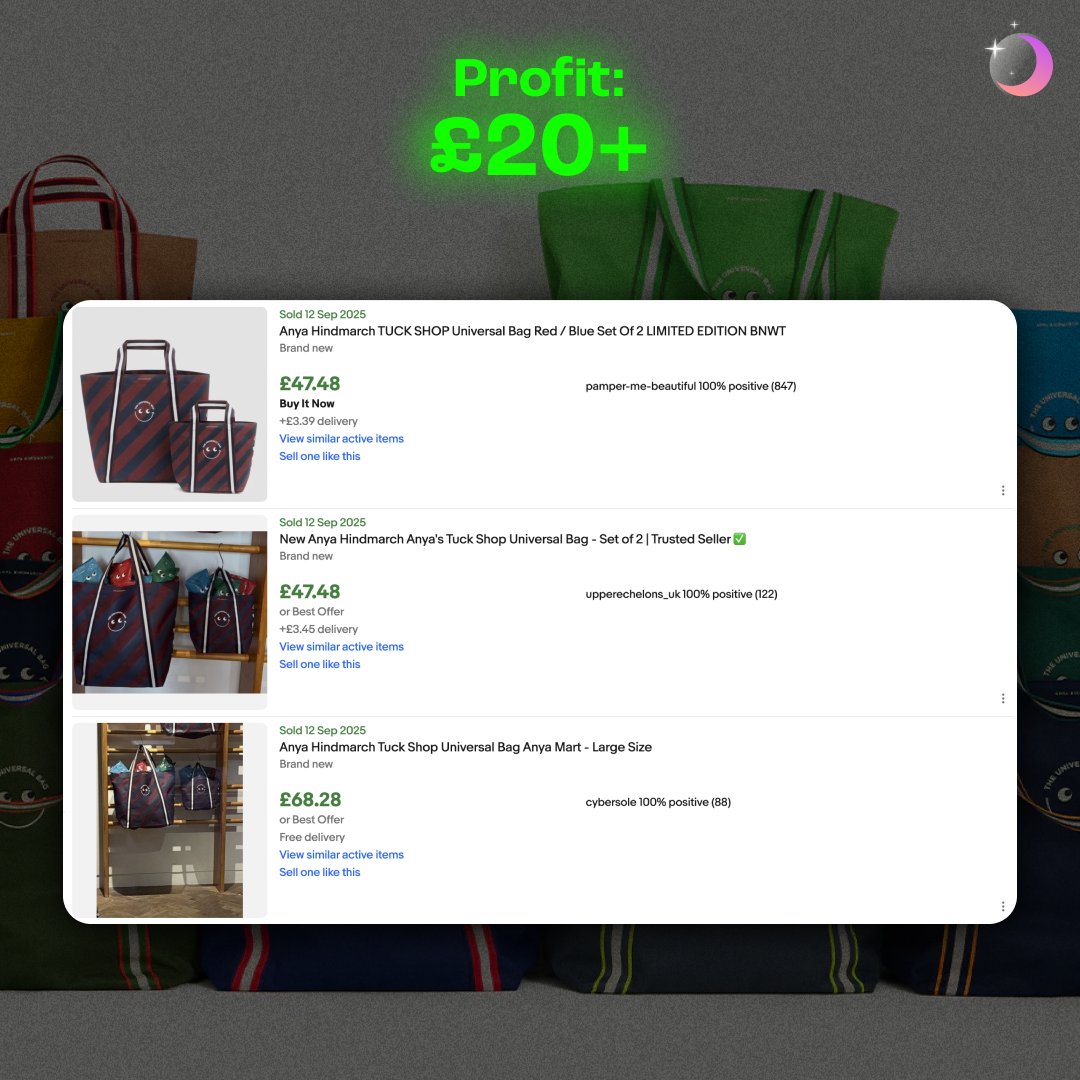 If it prints you money, we'll tell you.

Anya Hindmarch bags dropped for only £23. 

We sold them for an easy £20 profit each.

We were the first to notify you. We were the first to profit. 

That's the Lunar way.

Never miss a drop again. 👇
join.lunarfba.com