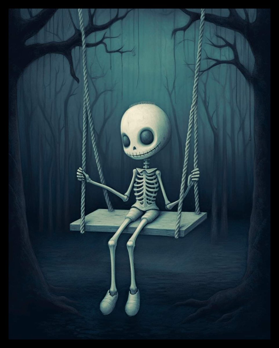 ScaryAllYear's tweet photo. 🎃🌙 A lonely skeleton swings in a haunted forest. Eerie silence fills the night. 💀🌲 #HauntedForest #SkeletonSwing #HalloweenVibes #EerieNights #HorrorArt https://t.co/BHteO10QJh