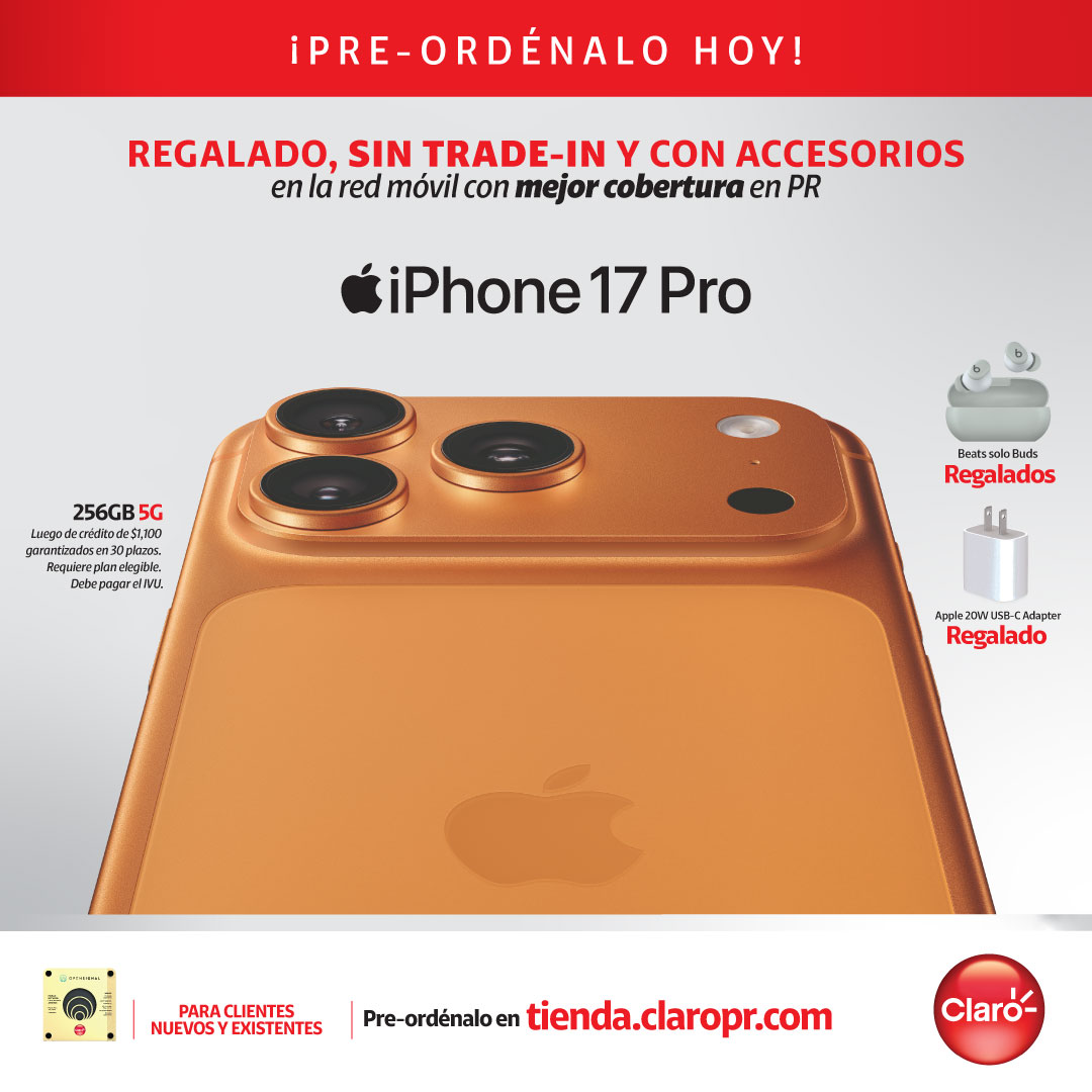 Claro Puerto Rico (@clarotodo) on Twitter photo 🚀✨ ¡Todo más Pro REGALADO! 📱 iPhone 17 Pro en la red móvil con la mejor cobertura de Puerto Rico 🇵🇷
🙌 Disponible para clientes nuevos y existentes.  
🛒 Preordena hoy 👉 bit.ly/laredparacadat… 
Válido hasta 18 de septiembre de 2025. 🚀✨ ¡Todo más Pro REGALADO! 📱 iPhone 17 Pro en la red móvil con la mejor cobertura de Puerto Rico 🇵🇷
🙌 Disponible para clientes nuevos y existentes.  
🛒 Preordena hoy 👉 bit.ly/laredparacadat… 
Válido hasta 18 de septiembre de 2025.