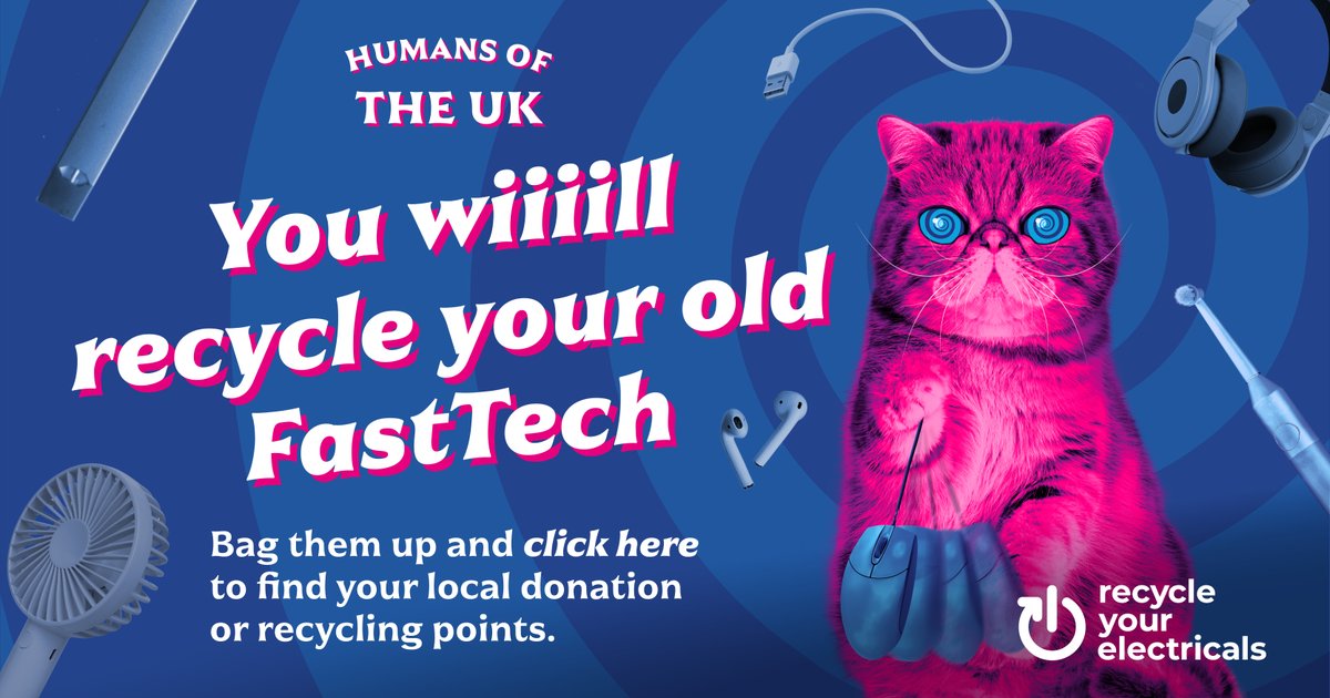 Greetings humans, If I have 9 lives, why shouldn’t your old FastTech?

FastTech such as cheap mini fans, earbuds, vapes, chargers – might be small, but they’re full of purrr-ecious materials.

If your old FastTech can’t be repaired or donated, always recycle it - use my locator!