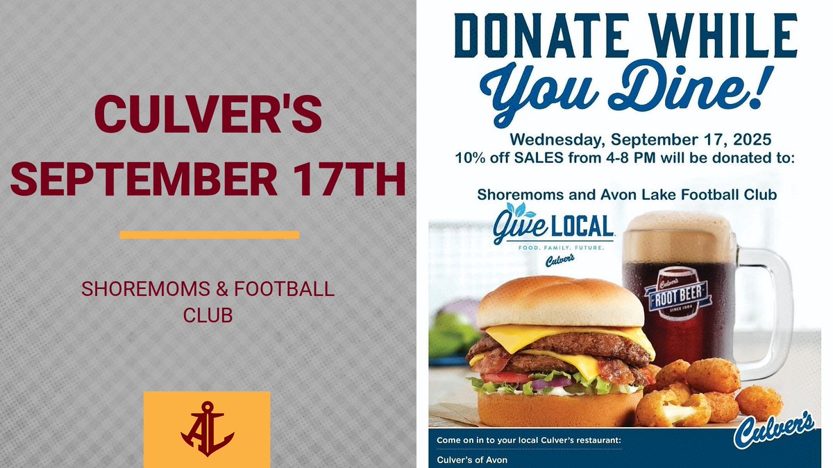 Mark your calendar :) - If you're a Culver's fan, happen to be in the neighborhood or looking for something new to feed the family, check out Culver's on Wednesday, September 17th from 4-8p  #Shoremen #Shoremoms #AvonLakeFootball #Community