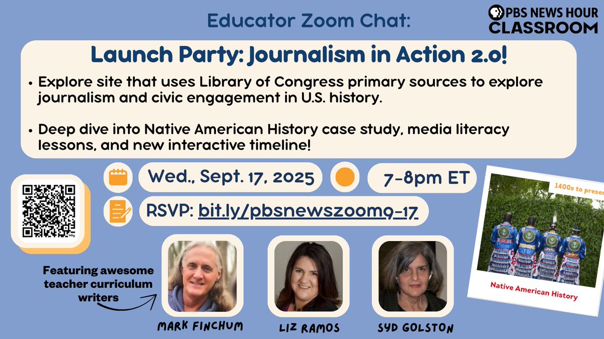 NewsHourExtra's tweet image. It's a launch party! PBS @NewsHour Classroom Educator Chat 💫
EDUCATORS: Join us Sept. 17 to explore JournalismInAction.org:
🗽Civic engagement
📰Primary sources
🌎Native American history
📱Media Literacy mini-lessons
RSVP: bit.ly/pbsnewszoom9-17 w/ @historytechie #sschat