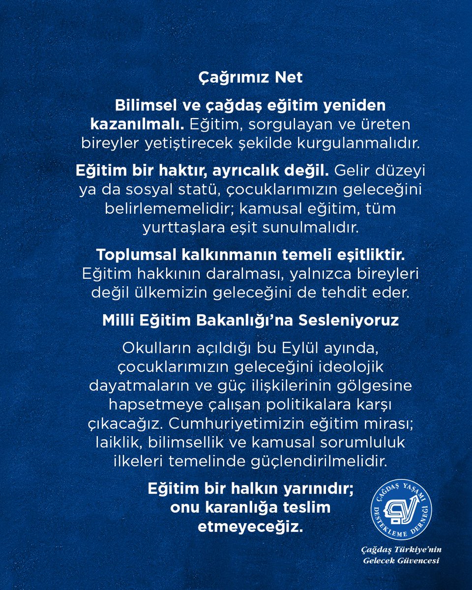 Çocuklarımızın Geleceği Piyasaya ve Dogmaya Teslim Edilemez!

#ÇağdaşYaşamıDesteklemeDerneği