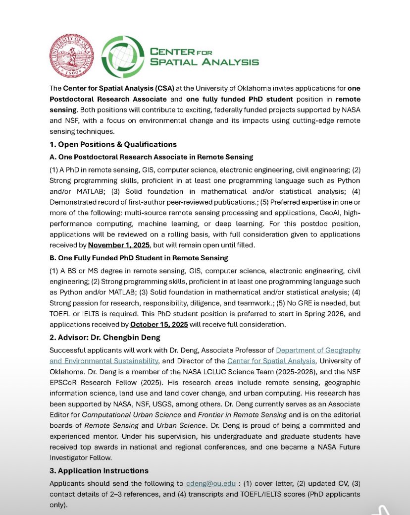 Fully-funded PhD and postdoctoral postion in Remote Sensing at the University of Oklahoma.