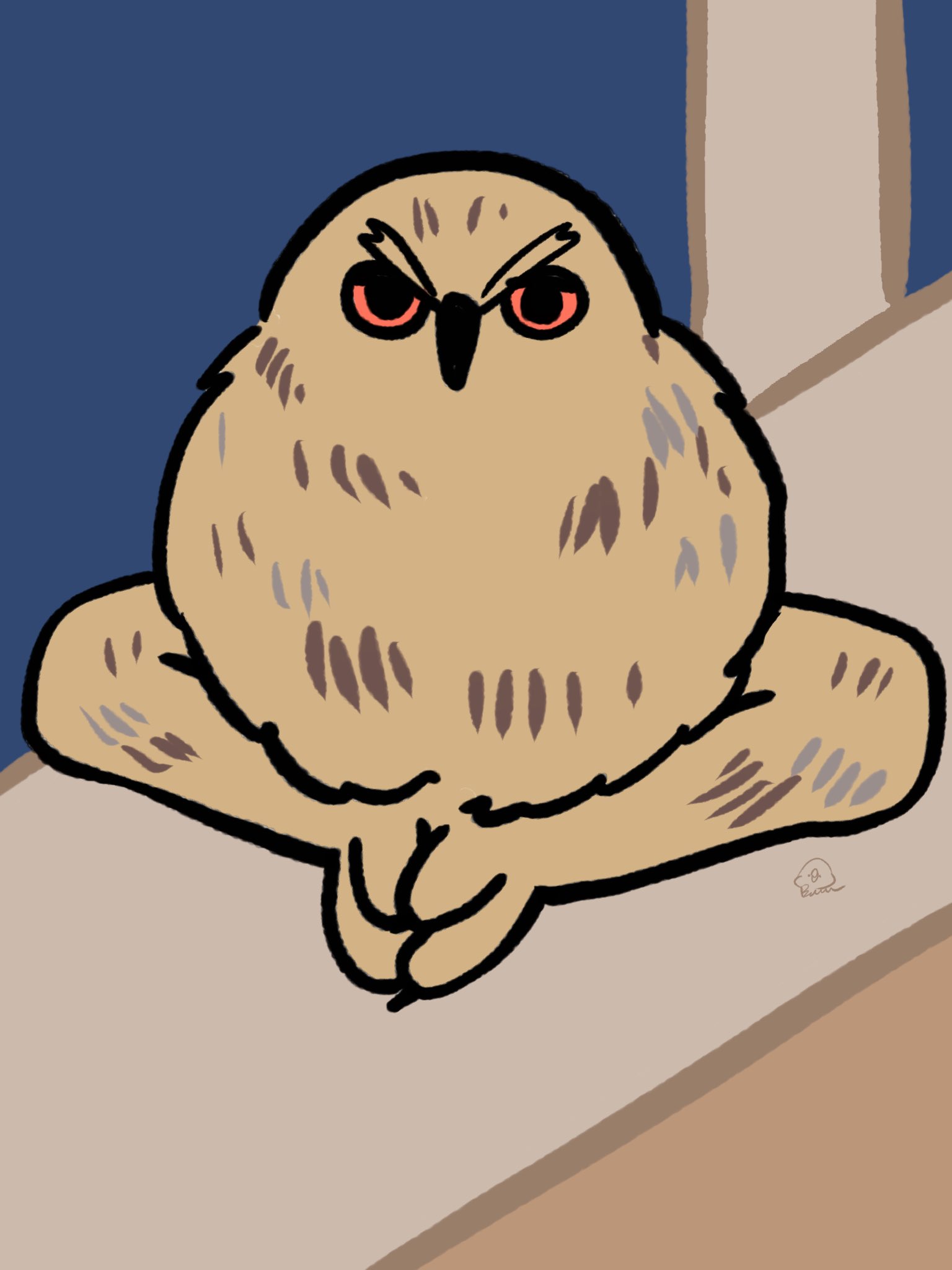 なんかよく分からないフクロウ TLであぐらかいてるフクロウいたけど、通知欄開いて帰ってきたら