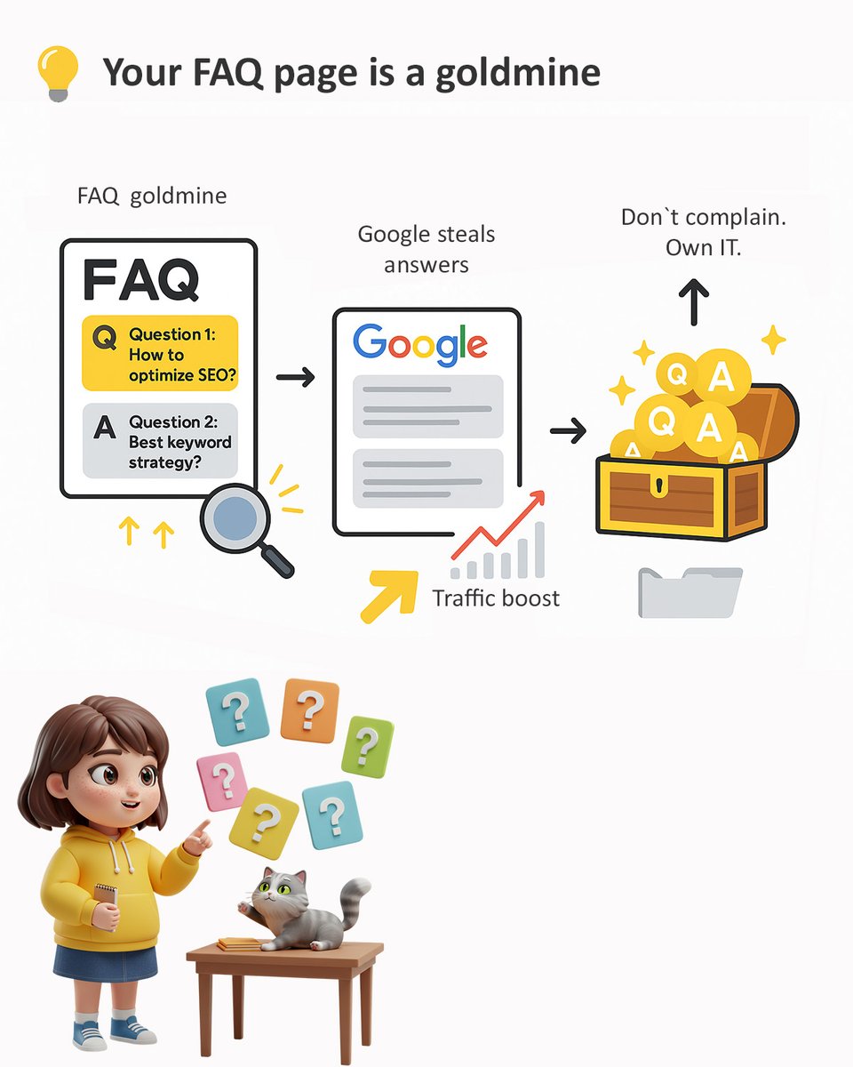 BrandHope9775's tweet image. Your FAQ page is a goldmine.
Google steals answers → puts them in SERPs.
Don’t complain. Own it.
💡 When did your FAQ boost traffic?
#FAQSEO #FeaturedSnippets #SmartMoves