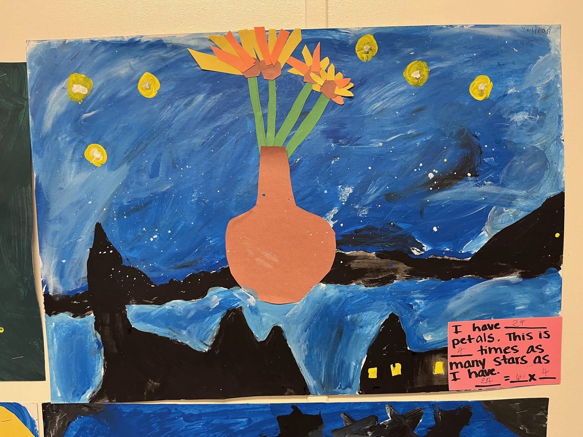 Our 4th graders blended math and art in a project called “Sunflowers in a Starry Night”! Inspired by Van Gogh’s Starry Night and Sunflowers, students used multiplicative comparisons to compare the number of stars in the sky to the petals on their sunflowers. <a href="/GCSchoolsNC/">Guilford Co. Schools</a>