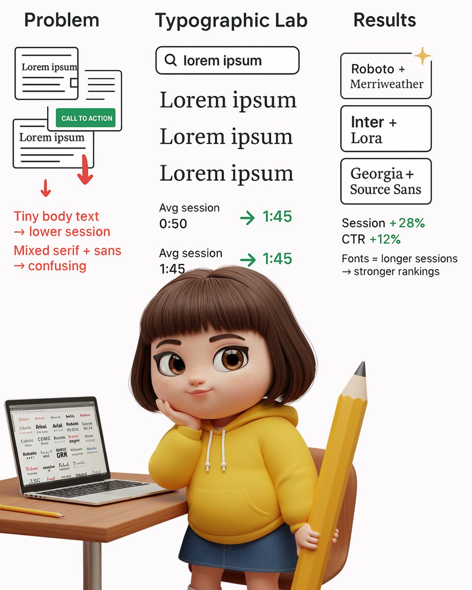 BrandHope9775's tweet image. Nobody talks about fonts.
Better typography = longer sessions → stronger rankings.
Fonts are SEO.
✏️ Which font improved your UX most?
#Readability #UXmatters #SEOdesign