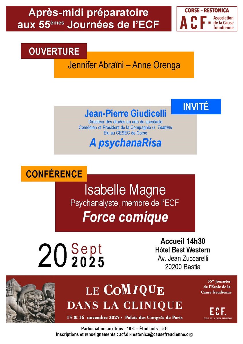 J - 7 ‼️ Aprés midi en direction des 55èmes Journées de l’<a href="/ECF_AMP/">ECF</a> 

Invités :

J.P. Giuidicelli, Directeur des études en arts du spectacle
Comédien et Président de la Compagnie U Teatrinu, Elu au CESEC de Corse

Isabelle Magne, psychanalyste, membre de l’ECF
