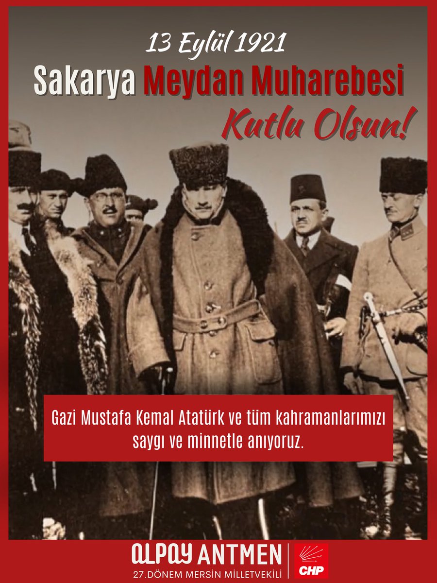 Mustafa Kemal Atatürk’ün “Hattı müdafaa yoktur, sathı müdafaa vardır” sözleriyle tarihe geçen Sakarya Meydan Muharebesi, milletimizin kararlılığının simgesidir. Mustafa Kemal Atatürk’ün önderliğinde verilen bu büyük mücadeleyi gururla anıyoruz. 🇹🇷