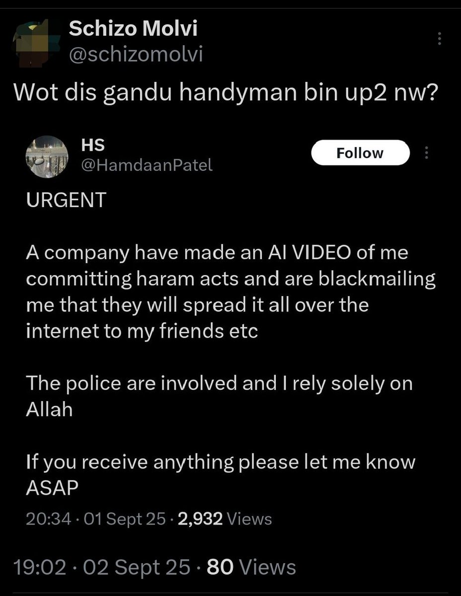 Haq_One_Deen's tweet photo. We dont think hamdaan patel should worry about people making (fake) videos of him sinning because so many of our ulama openly sin anyway, and they end up getting even more followers.

Look at the mufti from birmingham. He still walks around and is accepted as a mufti. So dont worry hamdaan, we sre sure the video cant be as bad as mufti javids, so your safe.