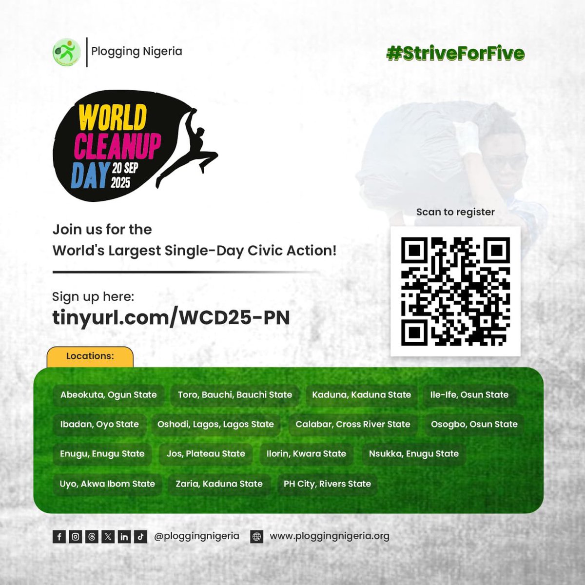 Ready to make your community, Nigeria and the world better in one single day? 

Then join us for #WorldCleanupDay on Sept. 20 in any of the locations listed in this thread:

Then, sign up via:
tinyurl.com/WCD25-PN

#StriveForFive
#WorldCleanupDay2025
#PloggingNigeria