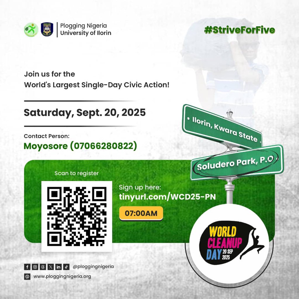 In or around Kwara state,

Then join us for #WorldCleanupDay on Saturday, September 20, the largest global single-day civic action!

SIgn up, and let's get cleaning! 🧹♻️
tinyurl.com/WCD25-PN