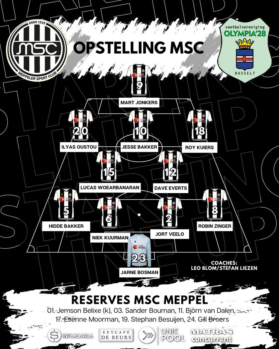 Over een half uur begint de wedstrijd MSC - Olympia’28… De opstelling van MSC: