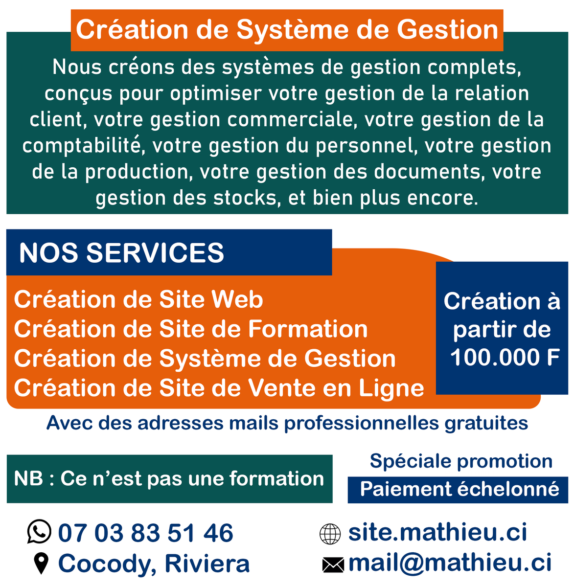 mathieu_hackerW's tweet image. Création de Site Web
Création de Site de Formation
Création de Système de Gestion
Création de Site de Vente en Ligne
---------------------------------
📞 07 03 83 51 46 (WhatsApp)
---------------------------------
🌐 site.mathieu.ci
📧 mail@mathieu.ci
📍 Abidjan, Cocody
