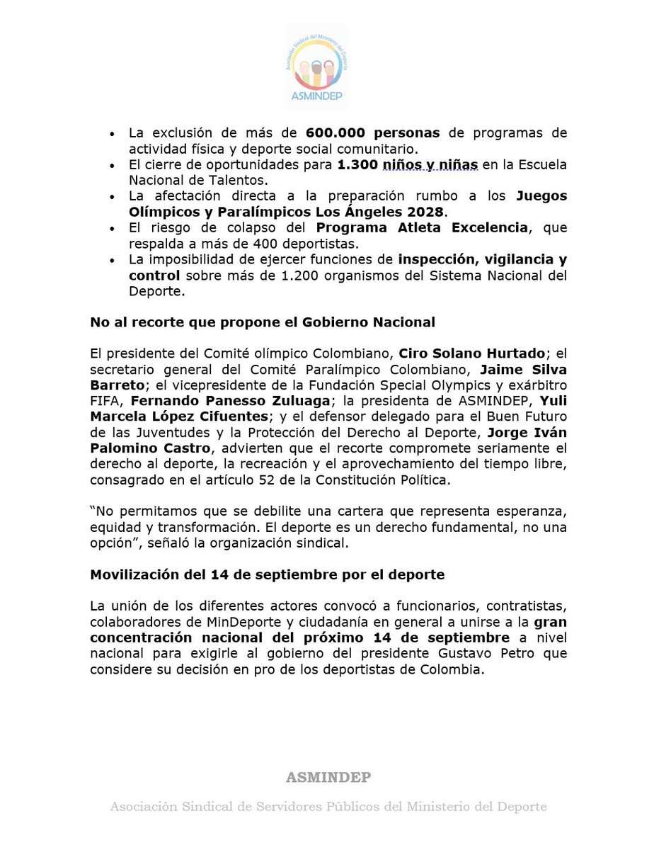 #SiAlDeporteNoAlRecorte Comunicado a la opinión pública, invitando a movilizarse por el deporte y su presupuesto 2026 este 14 de septiembre desde las 9am.

¡El deporte está en riesgo! <a href="/SenadoGovCo/">Senado de la República 🇨🇴</a> <a href="/CamaraColombia/">Cámara de Representantes de Colombia</a>