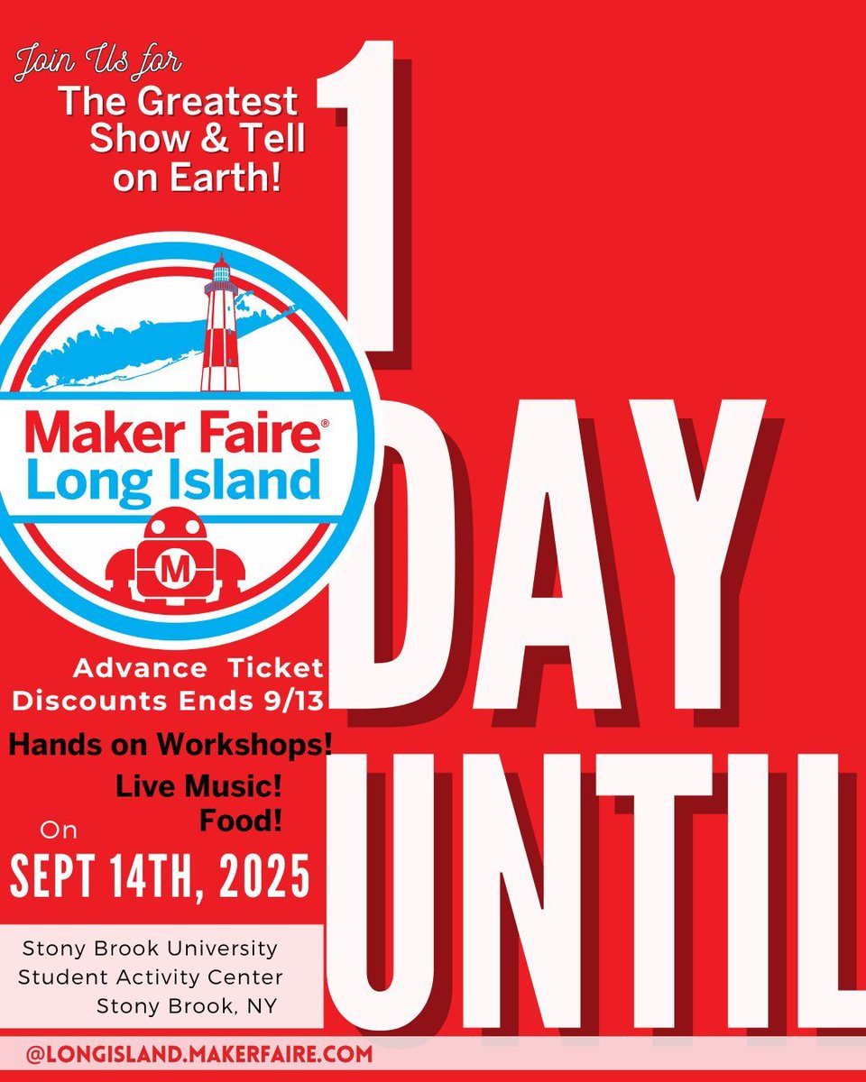 ⏰ Just 1 day to go!

🔥 Fire art
🤖 Robots &amp; R2-D2
🌊 Solar boats
🎨 Workshops

📅 Tomorrow, Sept 14 | 10–5 | Stony Brook University
🎟 Advance tickets → buff.ly/GAyoeHU
