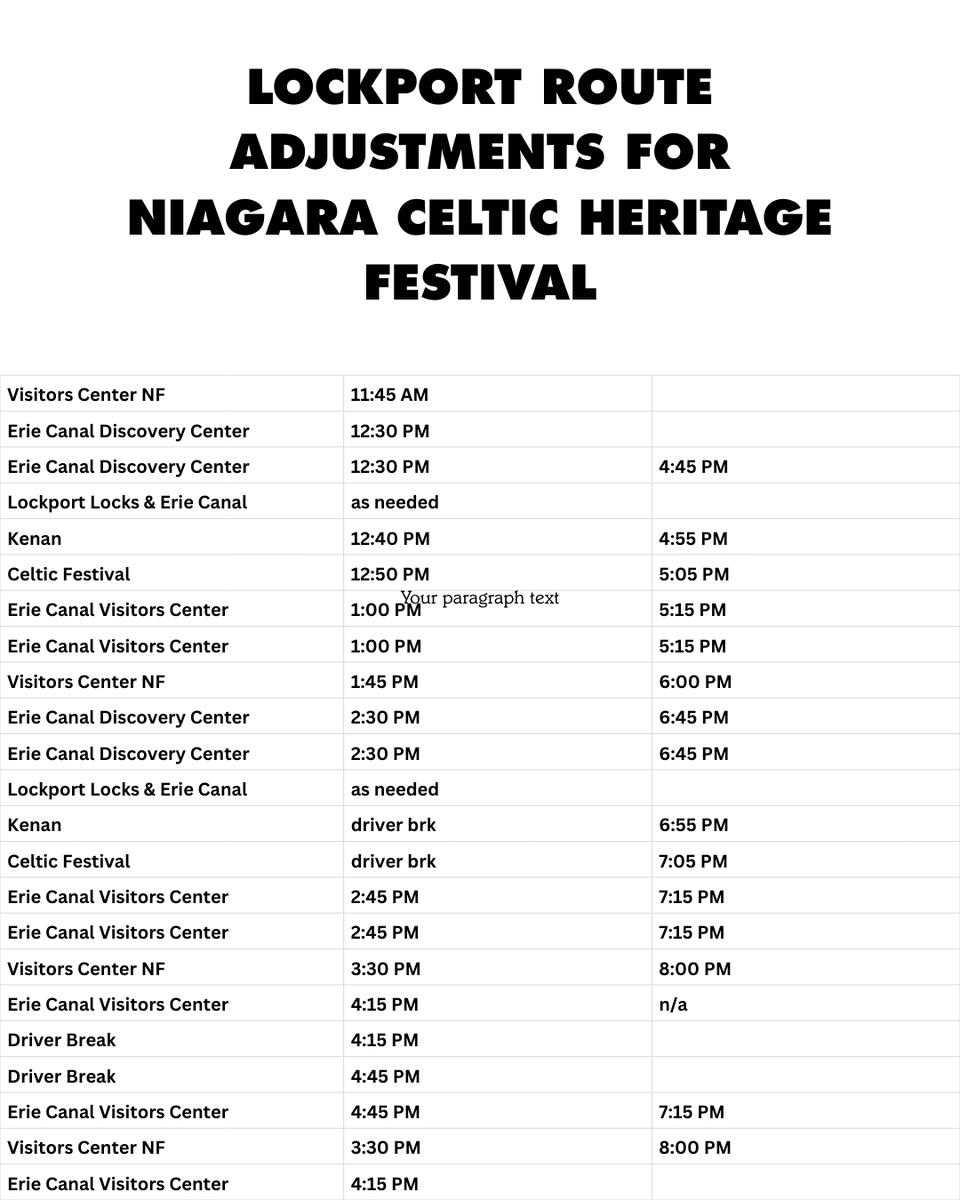 Today, we'll have a modified schedule and route for our Lockport runs to service the <a href="/niagaraceltic/">Stephen Stewart</a>. Note that we have added a stop at the Kenan Center for off-site parking.