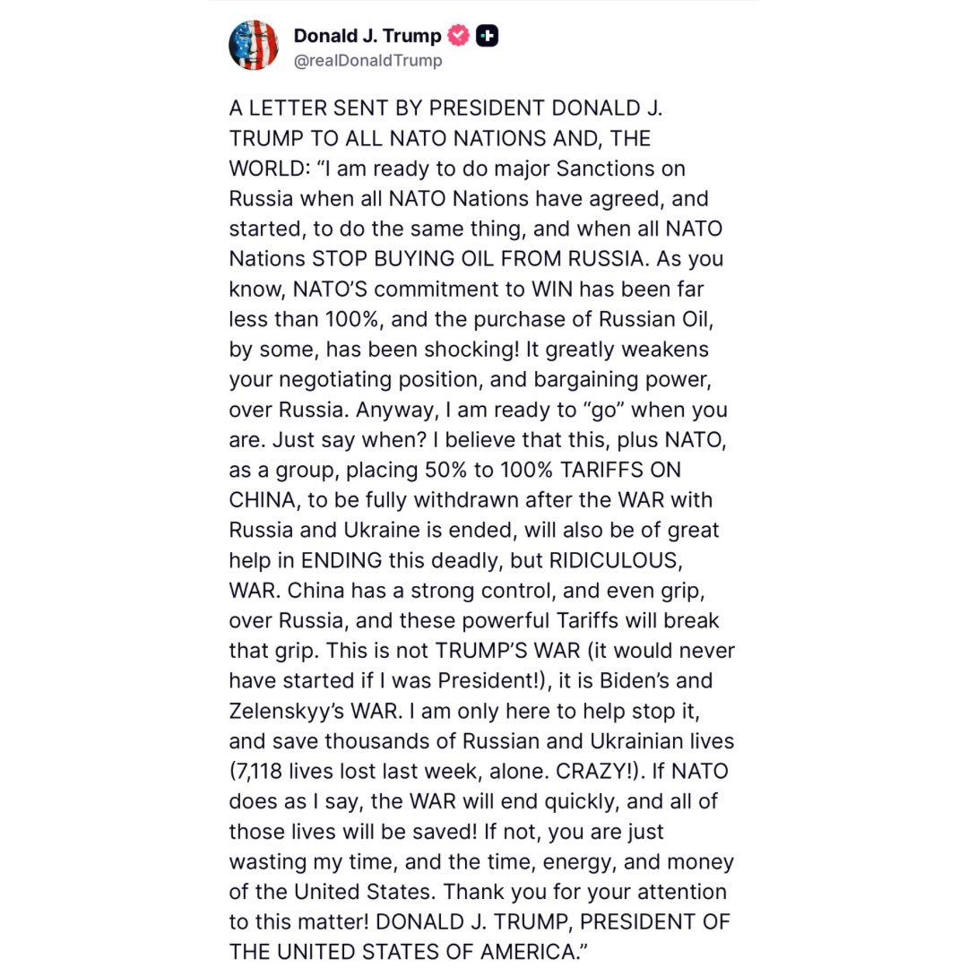 🇺🇸 Donald Trump posts on his Truth Social account.

Trump earlier today (September 13, 2025), presented as an open "letter" to NATO nations and the world.

Including the calls for coordinated sanctions on Russia, halting Russian oil purchases, and imposing 50-100% tariffs on