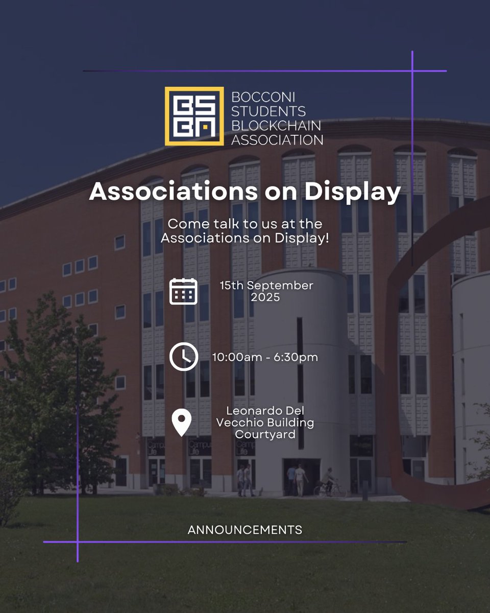 We’re looking for new members! 
Come meet us at the Associations on Display on Monday, September 15, from 10:00 AM to 6:30 PM at Leonardo Del Vecchio Building Courtyard. 
If you’re curious about blockchain and want to be part of an active student community, this is your chance!