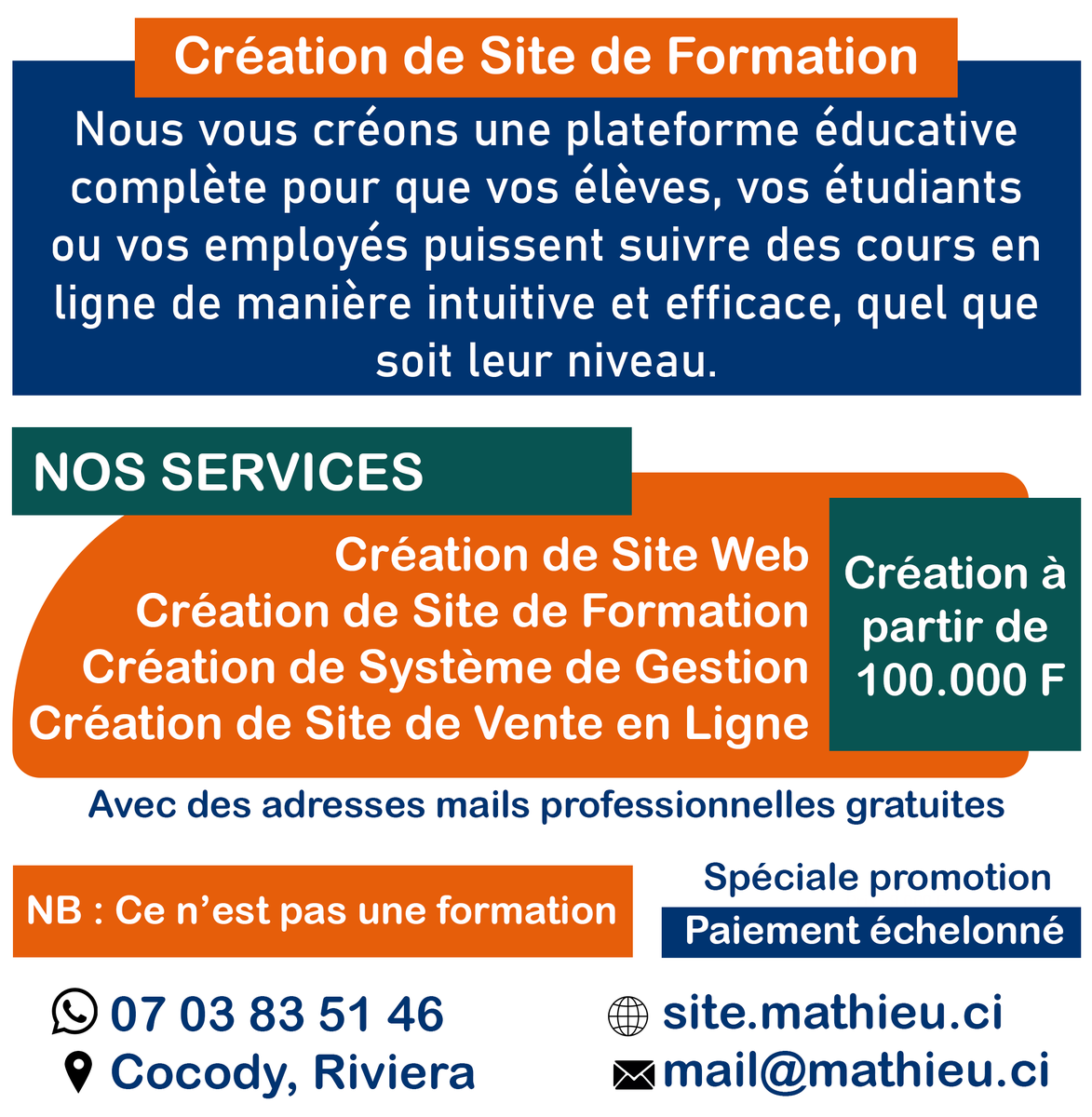 mathieu_hackerW's tweet image. Création de Site Web
Création de Site de Formation
Création de Système de Gestion
Création de Site de Vente en Ligne
---------------------------------
📞 07 03 83 51 46 (WhatsApp)
---------------------------------
🌐 site.mathieu.ci
📧 mail@mathieu.ci
📍 Abidjan, Cocody