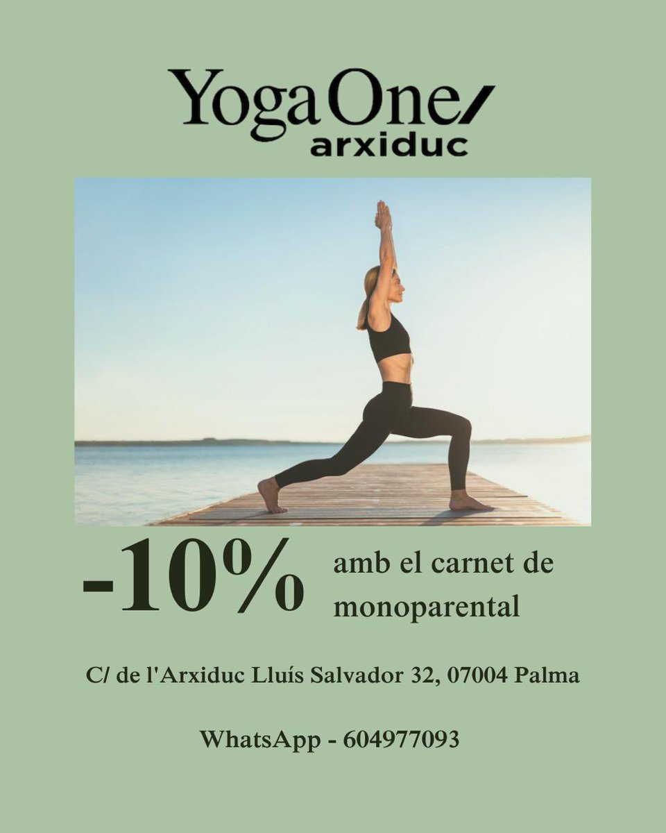 FAMOIB's tweet image. 😎 Per començar bé el cap de setmana i el curs escolar, dedicar-nos una estona agradable per desconnectar i cuidar-nos, t’informem que @yogaonearxiduc_  a Palma ens fa el -10% ensenyant el carnet de família #monoparental 🧘🏻‍♀️🧘🏻
☎️ Si vols saber-ne més, contacta amb ells: 604 977093