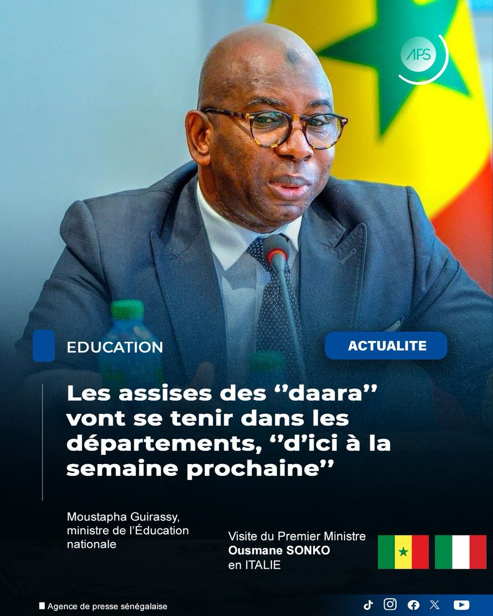 APS_Senegal's tweet photo. #SurLeFil : Les assises des ‘’daara’’ (écoles coraniques) vont se tenir les départements du pays, ‘’d’ici à la semaine prochaine’’, suivant un plan déjà élaboré, a annoncé le ministre de l’Éducation nationale, Moustapha Guirassy, vendredi, à Saly (ouest).
https://t.co/7lgqzNFjlT