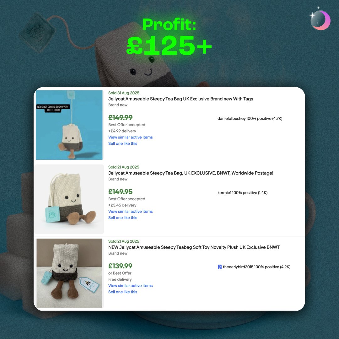 We turned £25 into £150+ with this Jellycat. 🧸☕

That’s a £125+ profit each.

And yes — people are actually paying it.

This is why being early matters.
Our community spots these plays before the crowd.

Never miss a flip like this again.
👉 join.lunarfba.com