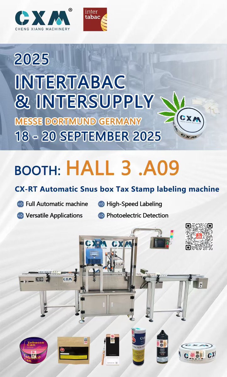 CXM_Penny's tweet image. Germany🇩🇪
Intertabac &amp;amp; Intersupply 2025

Date:18-20th Sep.2025
Booth:Hall 3.A09
Add:Messe Dortmund

Shanghai Chengxiang Machinery Ltd.
📮sale09@chengxiangchina.com
🌍cnchengxiang.com

Eliquid Vapes Pre-roll Snus Machine
#Taxstamplabelingmachine 
#intertabac #Intersupply