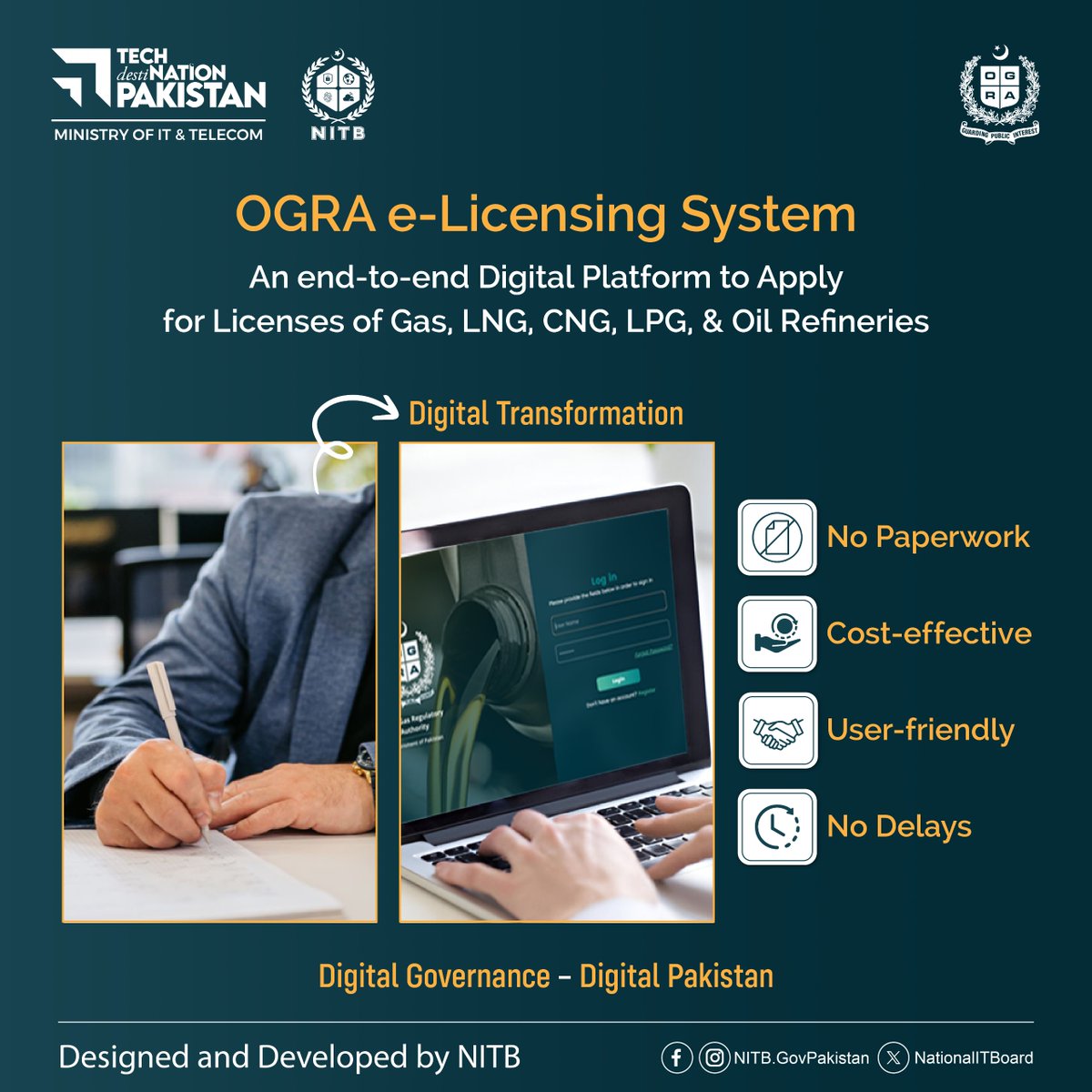 NationalITBoard's tweet image. #NITB &amp;amp; #OGRA – Redefining #elicensing with Automation &amp;amp; Efficiency

From submission to approval, experience a cost-effective, user-friendly, and fully automated digital process to acquire licenses for Gas, LNG, CNG, LPG, Oil &amp;amp; Refineries. 

APPLY: elicence.ogra.org.pk